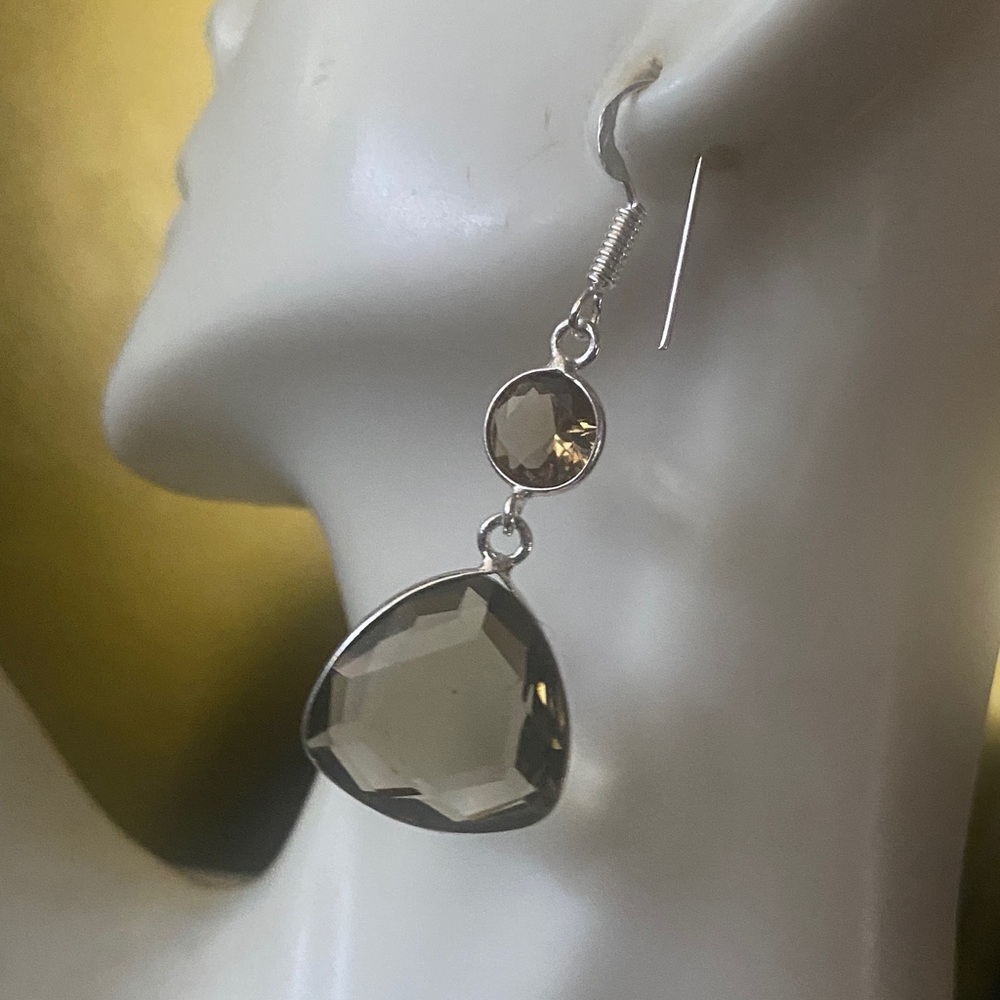 Two tone smoky quartz Artisan handcrafted Faceted Teardrop Dangle Earrings - - Picture 7 of 7